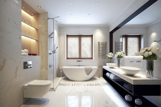 Diseño interior de baño moderno de lujo con ducha a ras de suelo de vidrio Creado con herramientas de IA generativa