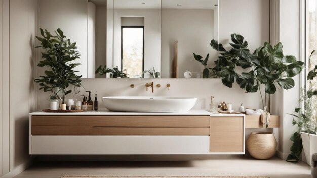 Diseño interior de un baño moderno con paredes de paneles de madera y mármol de piedra de estilo escandinavo