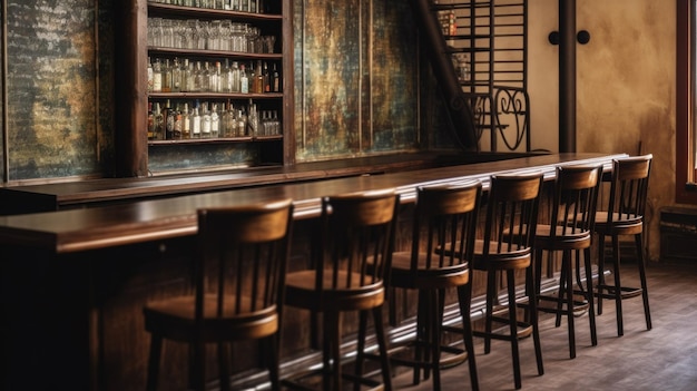 Diseño interior de bar vintage con una fila de mesas de bar y taburetes de madera AI generativo AIG27