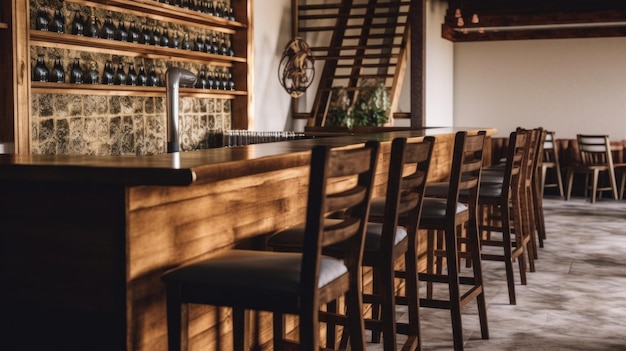 Diseño interior de bar vintage con una fila de mesas de bar y taburetes de madera AI generativo AIG27