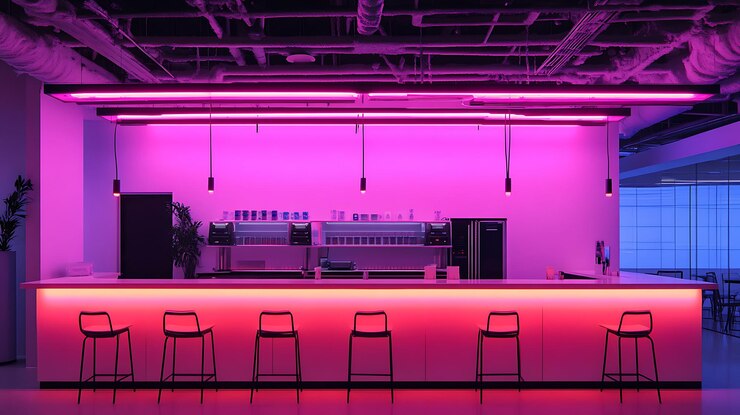 Foto diseño interior de bares de neón rosa y azul
