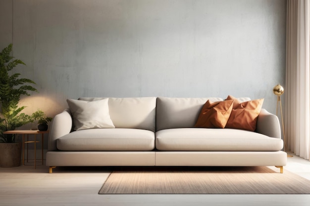 Diseño interior biofílico de la sala de estar con sofá blanco y vegetación