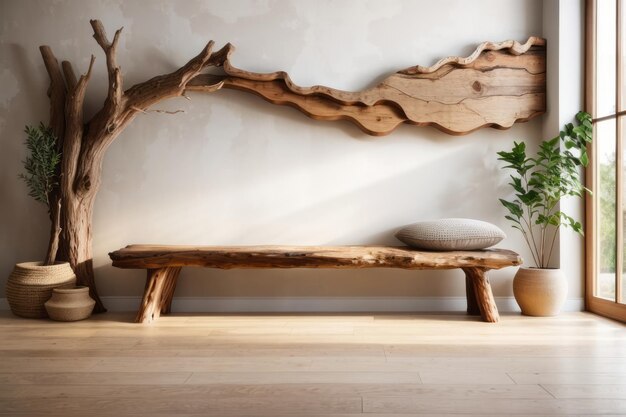 Diseño interior bohemia de la sala de estar con tronco de árbol de banco de madera y pared vacía