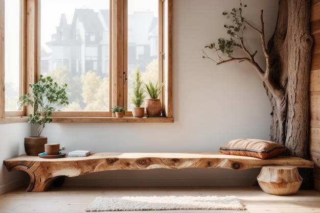 Diseño interior bohemia de la sala de estar con tronco de árbol de banco de madera y pared vacía