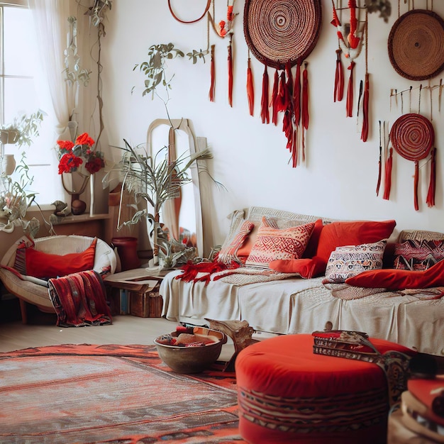 Diseño interior boho con acentos rojos