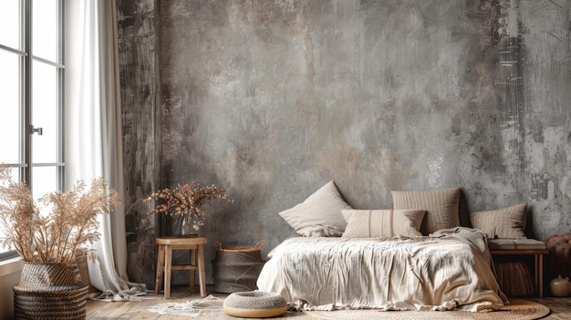 Diseño interior boho de la casa de campo de la sala de estar moderna