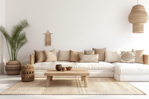 Diseño interior Boho de una sala de estar moderna con espacio vacío