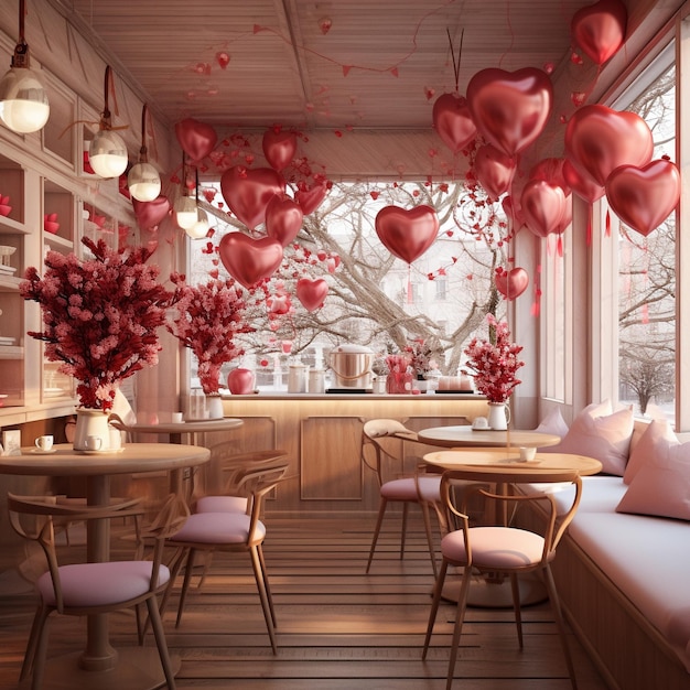 Diseño interior de una cafetería decorada para el día de San Valentín