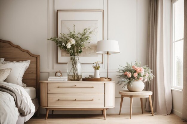 Diseño interior de casa de campo de dormitorio con cama blanca y mesita de noche vintage