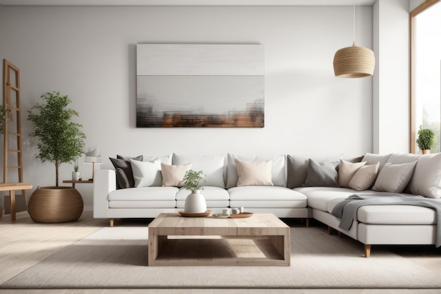 Diseño interior de casa de campo rústico de sala de estar con sofá blanco y mesa cuadrada de madera