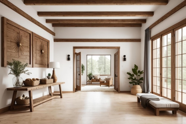 diseño interior de la casa de campo del vestíbulo de entrada con techo de pasillo y mesa de madera