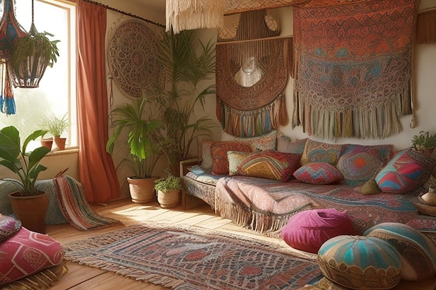 Diseño interior de una casa de estilo bohemio.