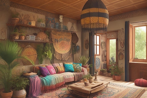 Diseño interior de una casa de estilo bohemio.