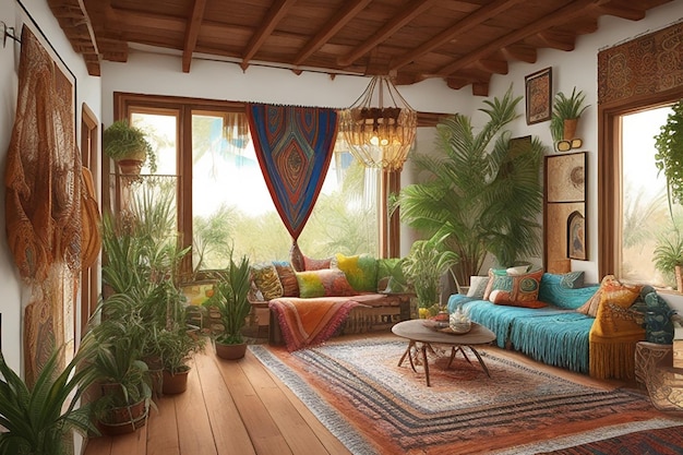 Diseño interior de una casa de estilo bohemio.