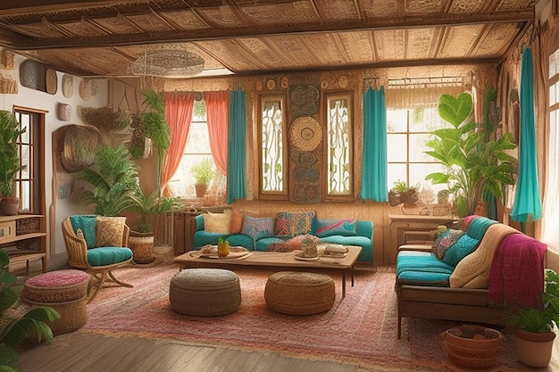 Diseño interior de una casa de estilo bohemio.