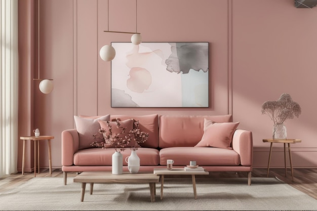 Diseño interior de casa de estilo escandinavo rosa milenario y sala de estar moderna