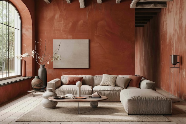 Diseño interior de casa de estilo escandinavo de terracota y sala de estar moderna