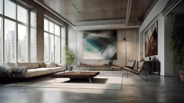 Diseño interior de una casa de estilo japonés con un gran sillón con ventana y una mesa de café.