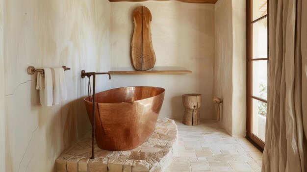 Foto diseño interior de la casa de la granja de baño con bañera estantería de madera paredes beige azulejos de piso de piedra