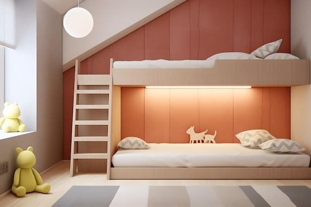 Diseño interior de una casa infantil. Decoración minimalista de un dormitorio.