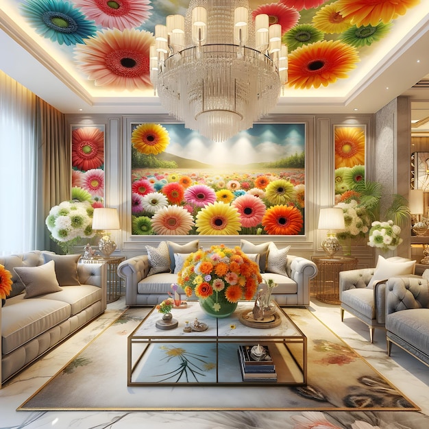 Un diseño interior de una casa con un lujoso tema de gerbera multicolor