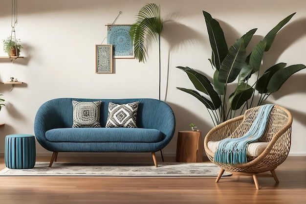 diseño interior de casa de sala de estar moderna con IA generativa de estilo Boho