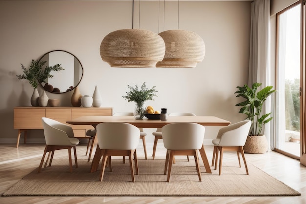 Foto diseño interior clásico de la sala de comedor con mesa y silla de mesa de madera