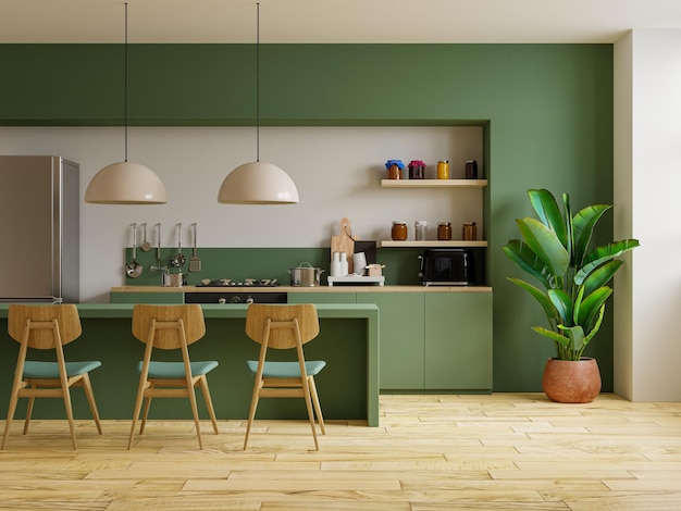 Foto diseño interior de cocina de estilo moderno con pared verde. representación 3d