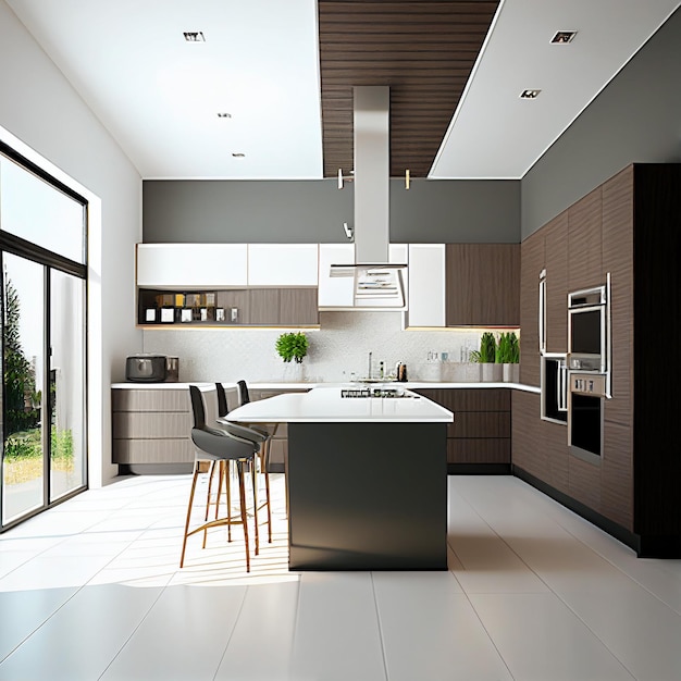 Diseño interior de cocina minimalista y espaciosa con renderizaciones 3D IA generativa