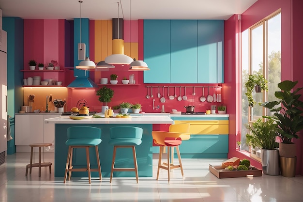 Foto diseño interior de cocina moderna y colorida.