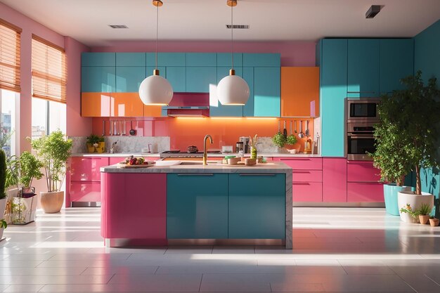 Foto diseño interior de cocina moderna y colorida.