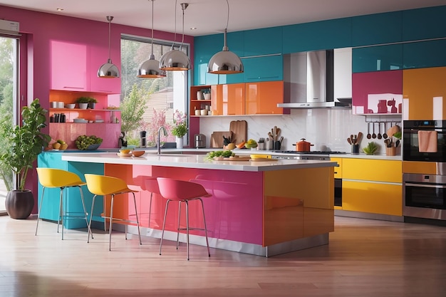 Foto diseño interior de cocina moderna y colorida.