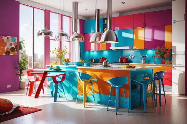 Foto el diseño interior de la cocina moderna es colorido