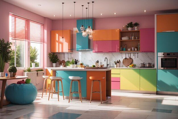 Foto el diseño interior de la cocina moderna es colorido