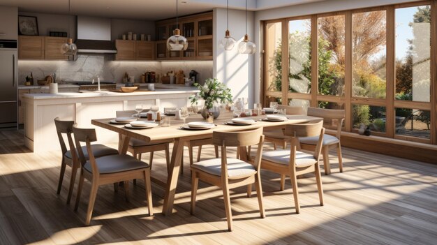 Diseño interior de cocina moderna con mesa de comedor y sillas.