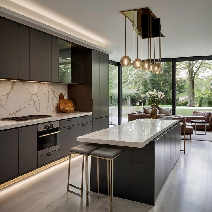 Un diseño interior de cocina y salón con una mesa y sillas y una luz colgada del techo