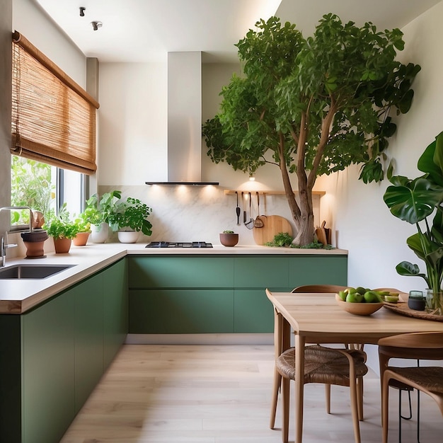 Diseño interior de cocina verde moderna con área de comedor generativa ai