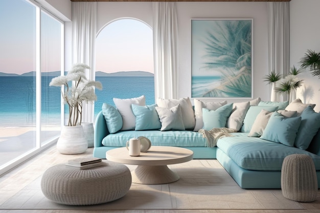 Diseño interior en una combinación de colores azul y turquesa creado con tecnología Generative Al