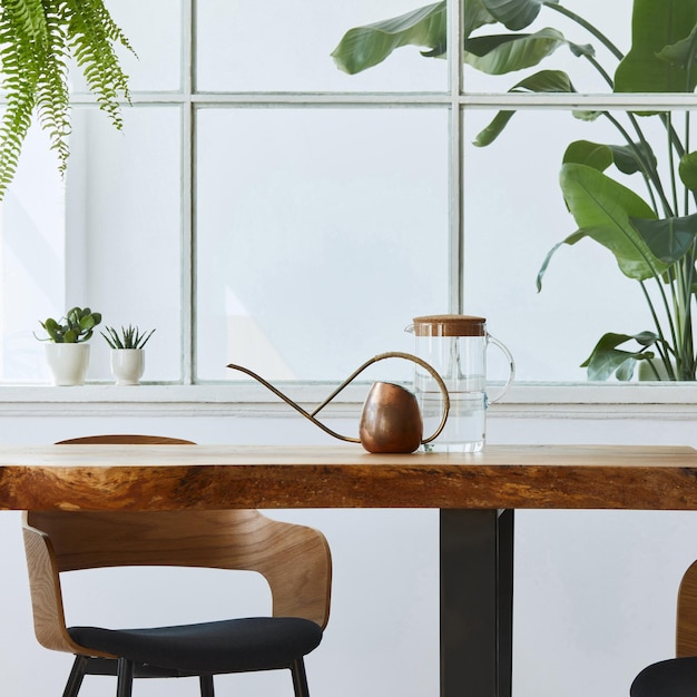 Diseño interior de comedor con elegante mesa familiar de madera artesanal, sillas, plantas, ventana, mapa de afiches y accesorios elegantes en una decoración casera moderna. Plantilla.