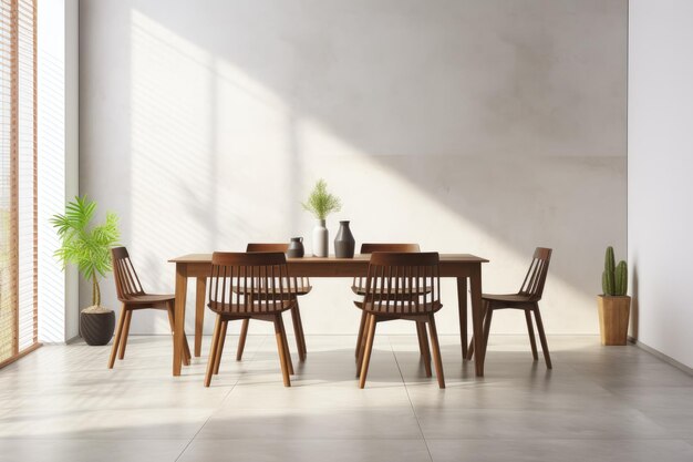 Diseño interior de comedor con mesa familiar de madera y sillas modernas en casa o apartamento