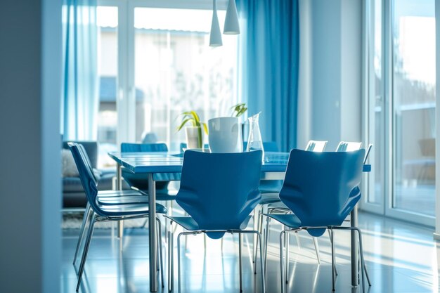 diseño interior de un comedor con una mesa y sillas azules en un apartamento moderno y luminoso