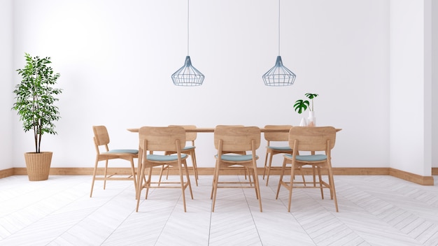 Diseño interior de comedor minimalista, mesa de madera y silla de madera en sala blanca, render 3d