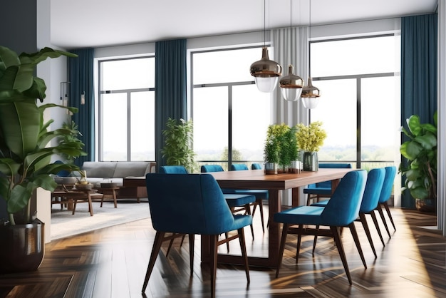 Diseño interior de comedor moderno mesa de madera y sillas azules AI generativa