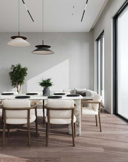Diseño interior de un comedor moderno con muebles de madera y mesa de mármol blanco renderización 3d