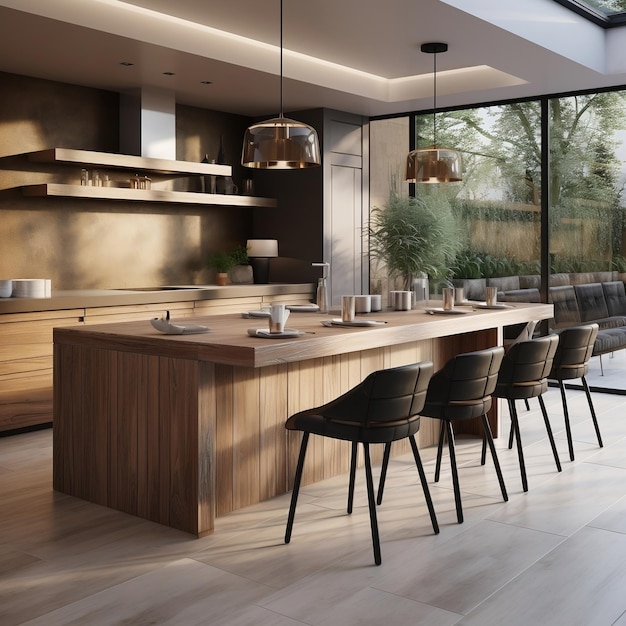 Diseño interior de un comedor moderno con sillas de madera cerca de la cocina