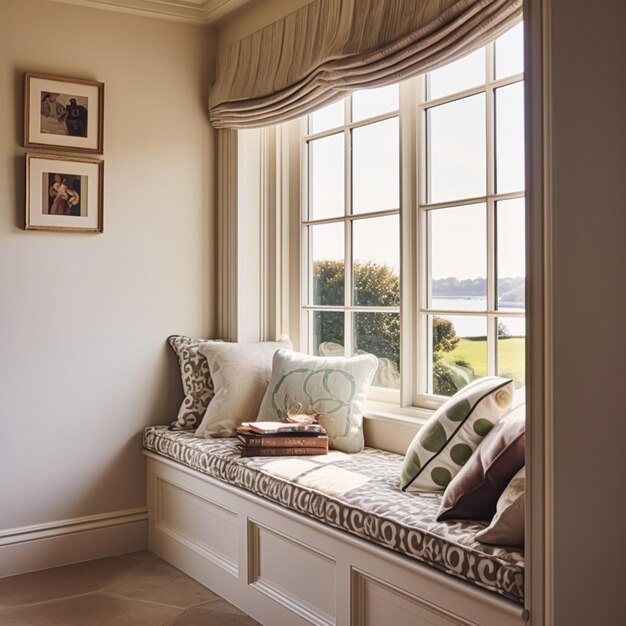 Foto diseño interior y comodidad del asiento de la ventana en el rincón de lectura con cojines y decoración en un país