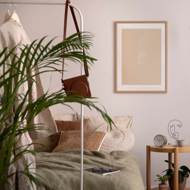 Diseño interior de composición de dormitorio acogedor con marco de póster simulado, plantas de cama beige, sillón, lámpara negra y mesita de noche de madera, decoración del hogar Plantillas