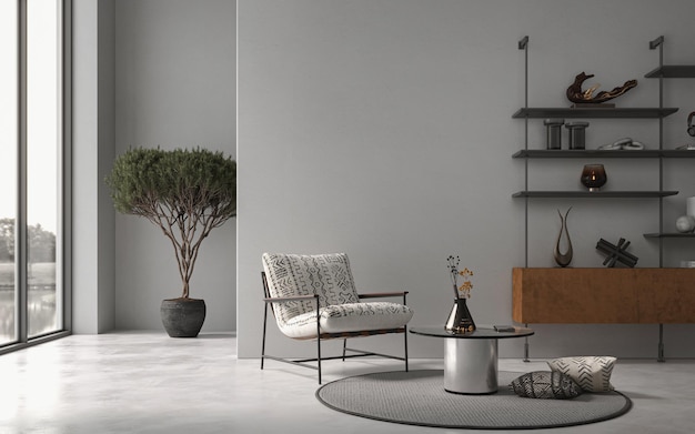 Diseño interior contemporáneo de la sala de estar con paredes vacías grises y piso de hormigón renderización 3d
