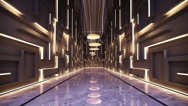 Diseño interior de corredor iluminado renderizado en 3D