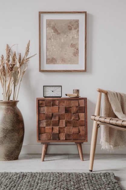 Foto diseño interior creativo de la sala de estar con inodoro de madera, marco simulado y accesorios antiguos en una decoración casera moderna. puesta en escena en casa. plantilla. copie el espacio.